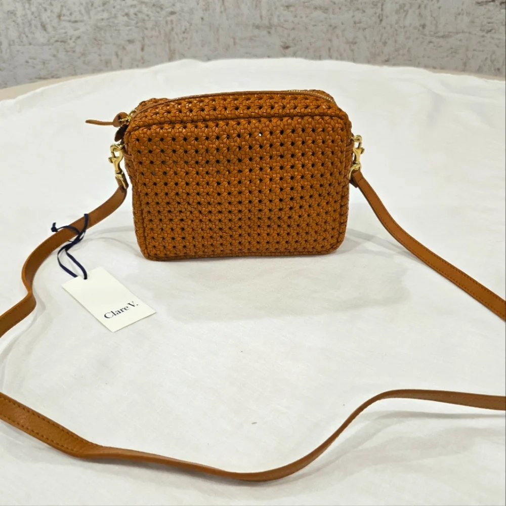 Clare V. Woven Leather Wristlet in Cognac Brown